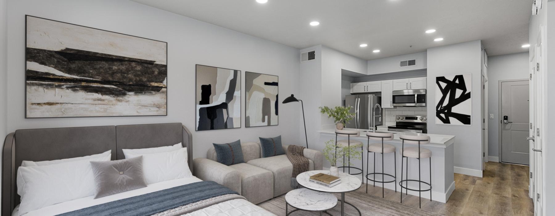 a bedroom with a bed and a table